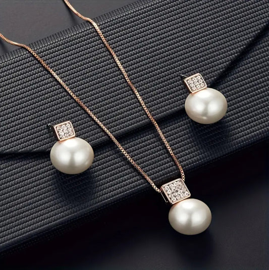 Pearl and Gold Square Zircon Studded pendant Set