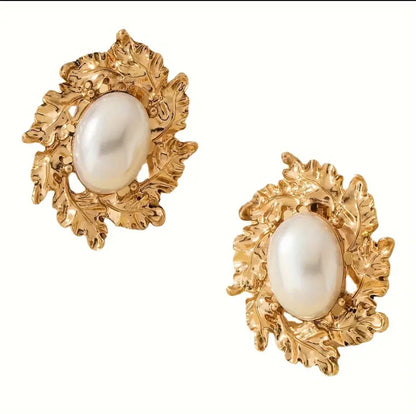 Elegant Faux Pearl & Golden Leaf Stud Earrings