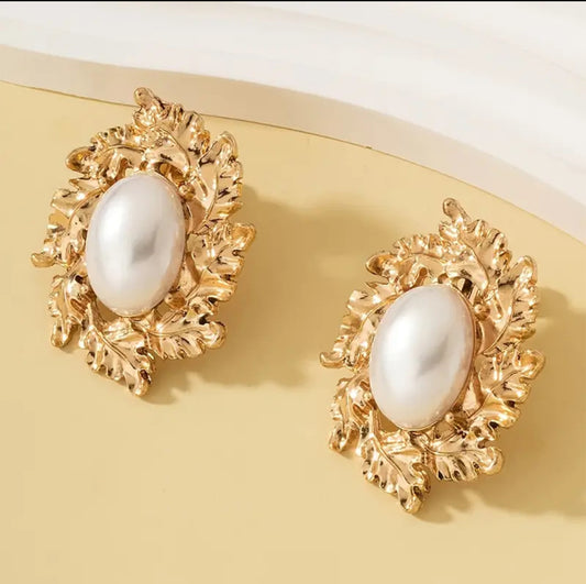 Elegant Faux Pearl & Golden Leaf Stud Earrings
