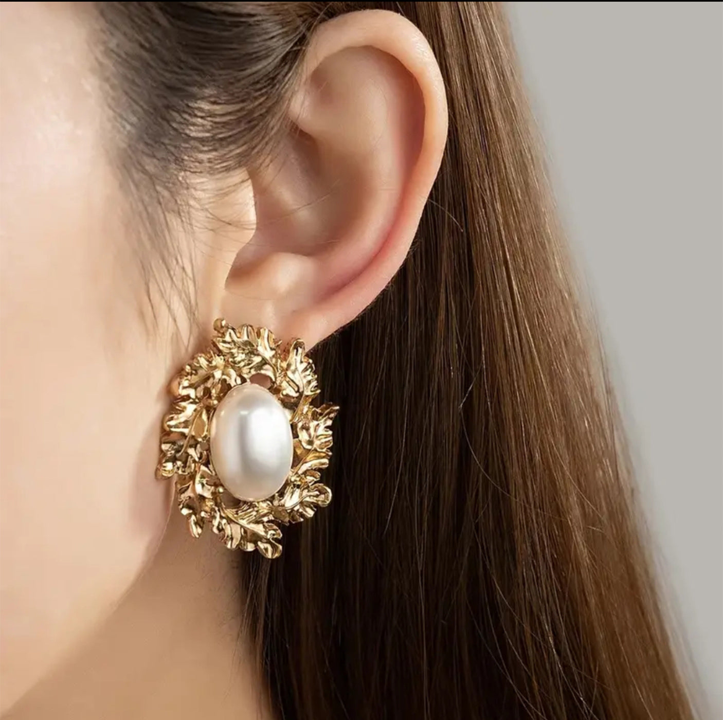 Elegant Faux Pearl & Golden Leaf Stud Earrings