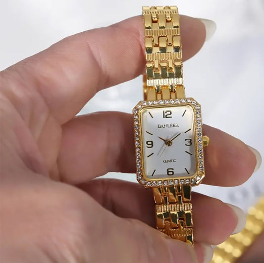 Golden Crystal Studded White Dial Watch