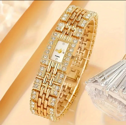 Premium Gold-Tone Square Rhinestone Quartz Watch – Luxury Fashion Timepiece