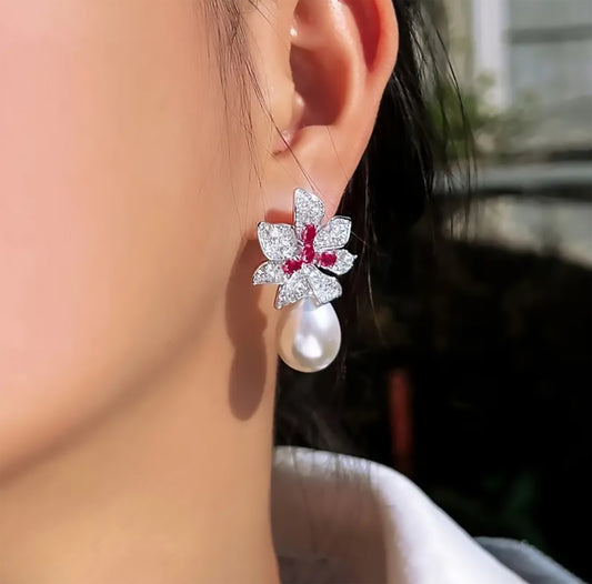 Zirconium Flower Pearl Drop Earrings
