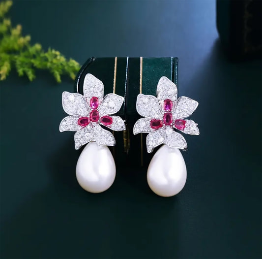 Zirconium Flower Pearl Drop Earrings