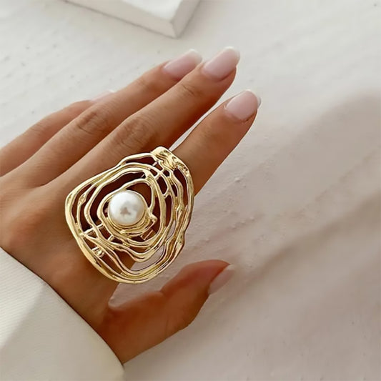 Stylish Pearl Studded Golden Ring
