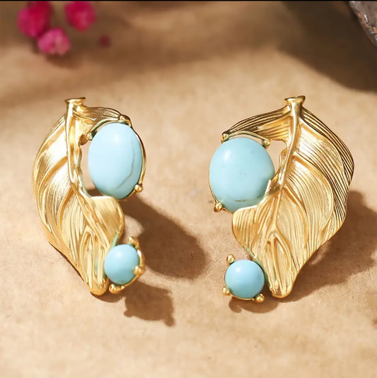 Vintage Leaf Design Blue & Golden Earrings -ESSENTIAS