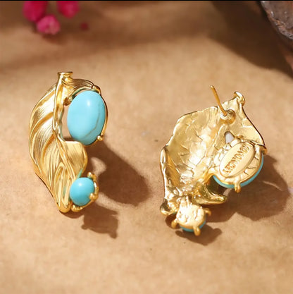 Vintage Leaf Design Blue & Golden Earrings -ESSENTIAS