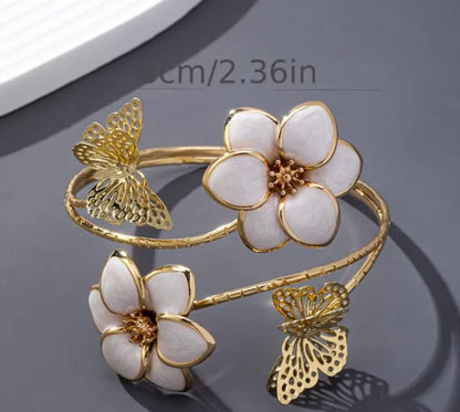 Elegant Golden White Flower Cuff Bracelet