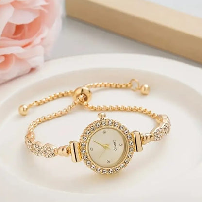 Golden Crystal Studded White Dial Watch