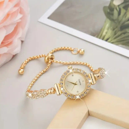 Golden Crystal Studded White Dial Watch