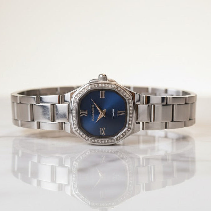 Elegant Silver Zircon Studded Blue Dial Watch