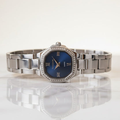 Elegant Silver Zircon Studded Blue Dial Watch