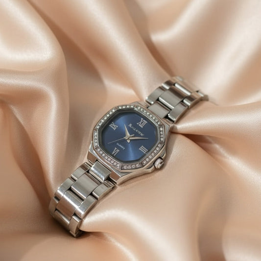 Elegant Silver Zircon Studded Blue Dial Watch