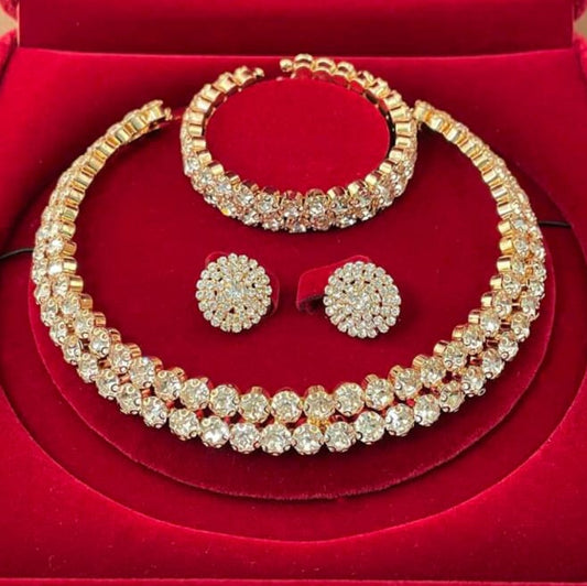Glamorous Golden Tone Crystal Necklace Set