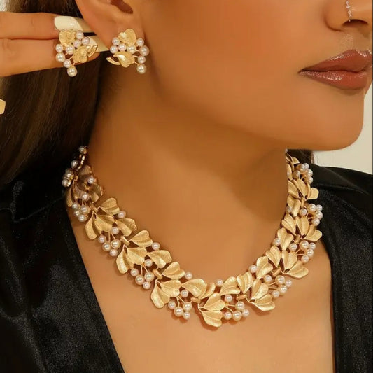 Luxurious Gold Finish Pearl French Necklace Set