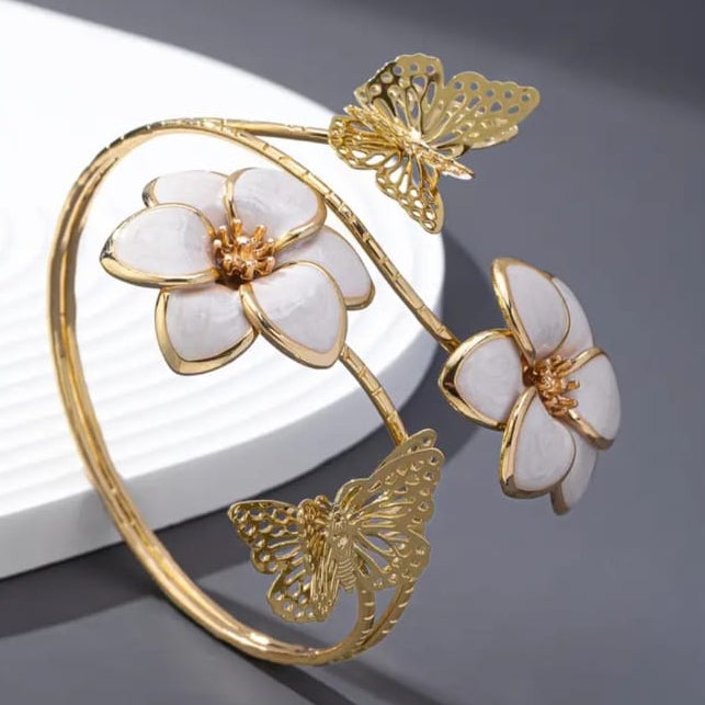Elegant Golden White Flower Cuff Bracelet