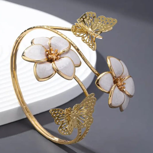Elegant Golden White Flower Cuff Bracelet