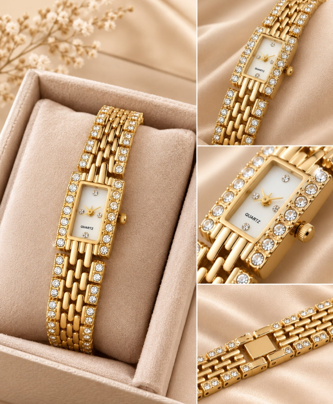 Premium Gold-Tone Square Rhinestone Quartz Watch – Luxury Fashion Timepiece For Women