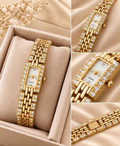 Premium Gold-Tone Square Rhinestone Quartz Watch – Luxury Fashion Timepiece For Women