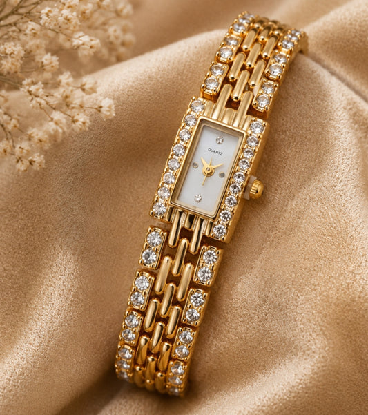 Premium Gold-Tone Square Rhinestone Quartz Watch – Luxury Fashion Timepiece For Women